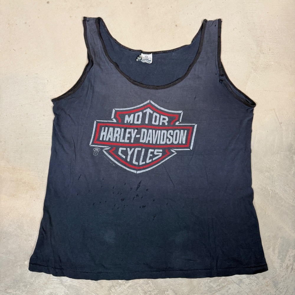 Vintage 80s Harley Davidson Tank Top Belton Single Stitch Black Faded distress L